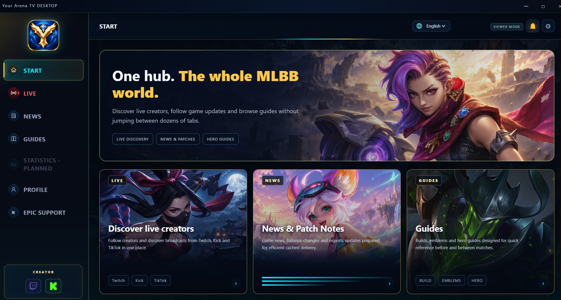 Your Arena TV desktop application dashboard